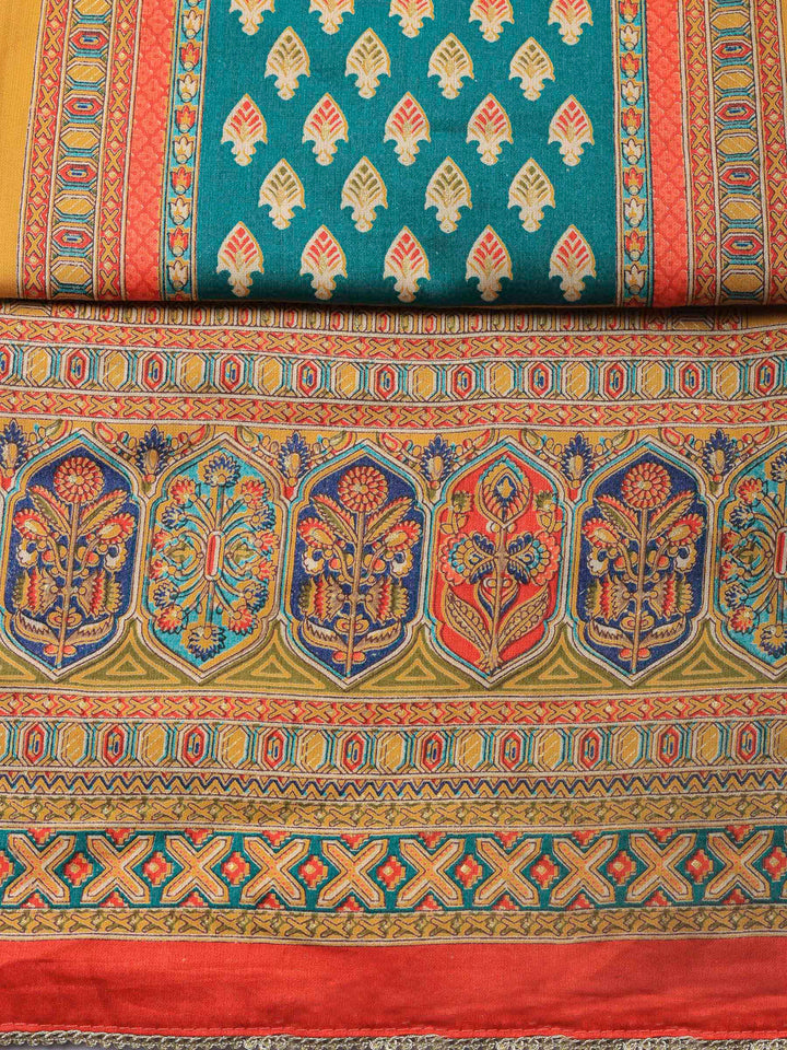 Mustard Printed Cotton Blend Unstitched Suit &amp; Pant With Cotton Dupatta