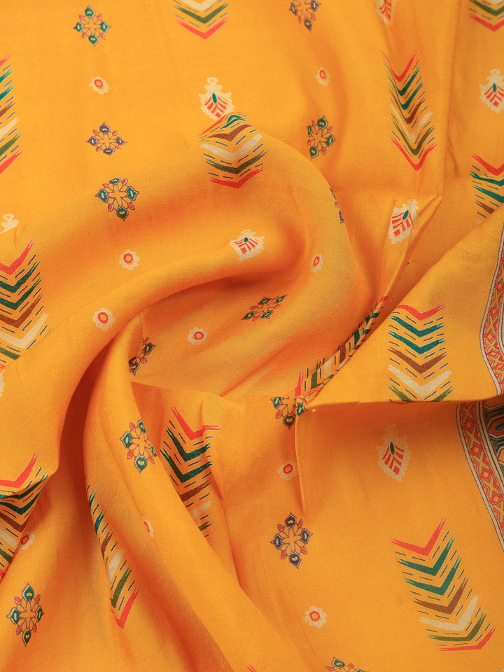 Mustard Printed Cotton Blend Unstitched Suit &amp; Pant With Cotton Dupatta