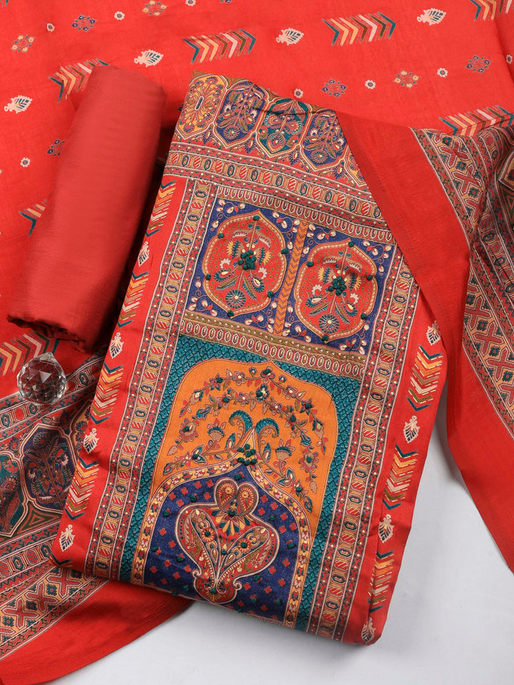 Red Printed Cotton Blend Unstitched Suit &amp; Pant With Cotton Dupatta