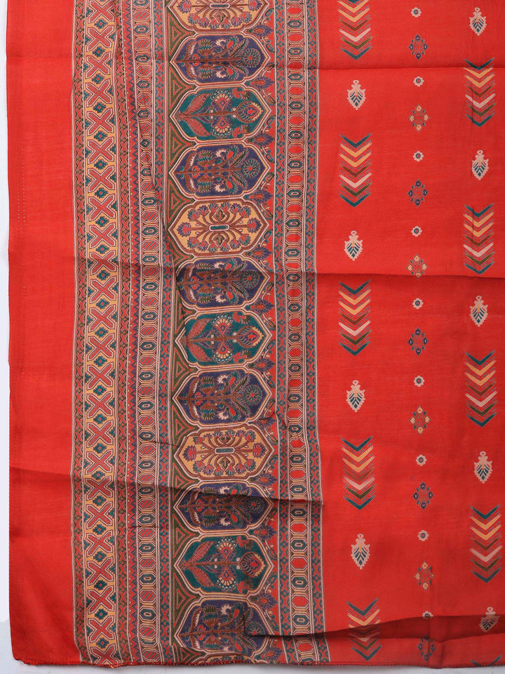Red Printed Cotton Blend Unstitched Suit &amp; Pant With Cotton Dupatta