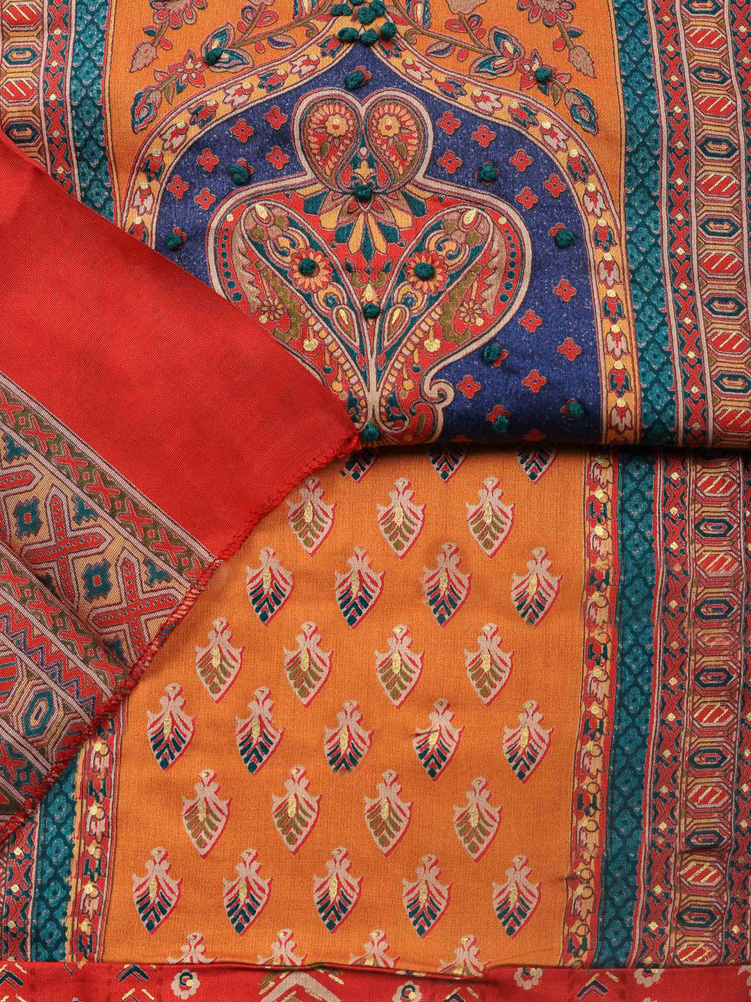 Red Printed Cotton Blend Unstitched Suit &amp; Pant With Cotton Dupatta