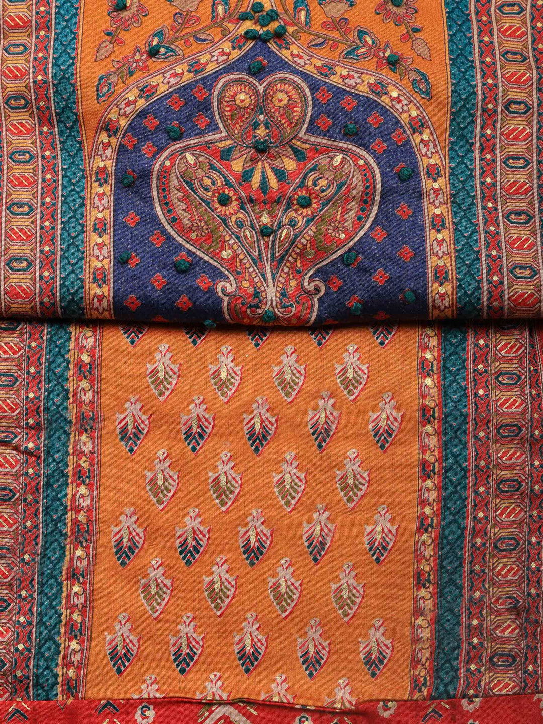 Red Printed Cotton Blend Unstitched Suit &amp; Pant With Cotton Dupatta