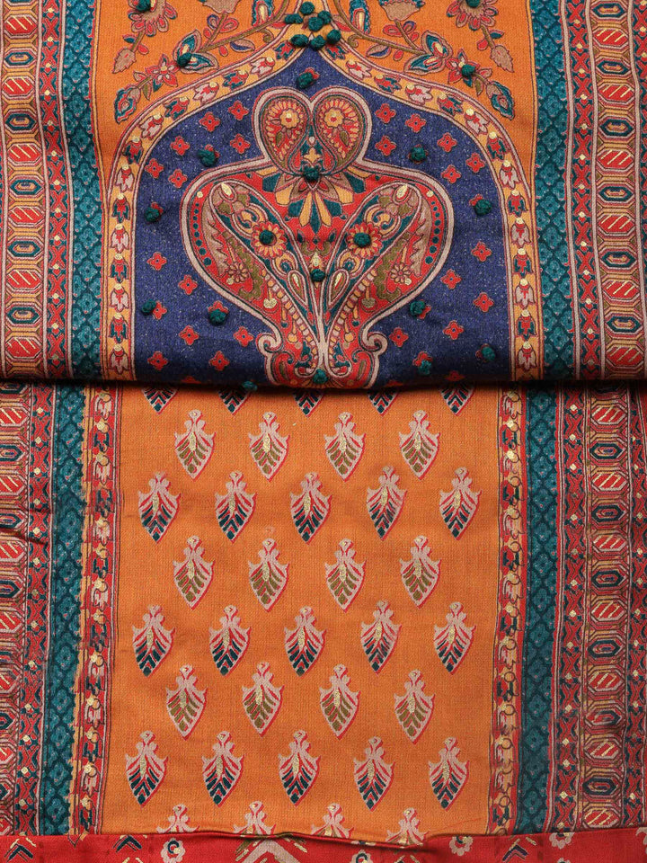 Red Printed Cotton Blend Unstitched Suit &amp; Pant With Cotton Dupatta