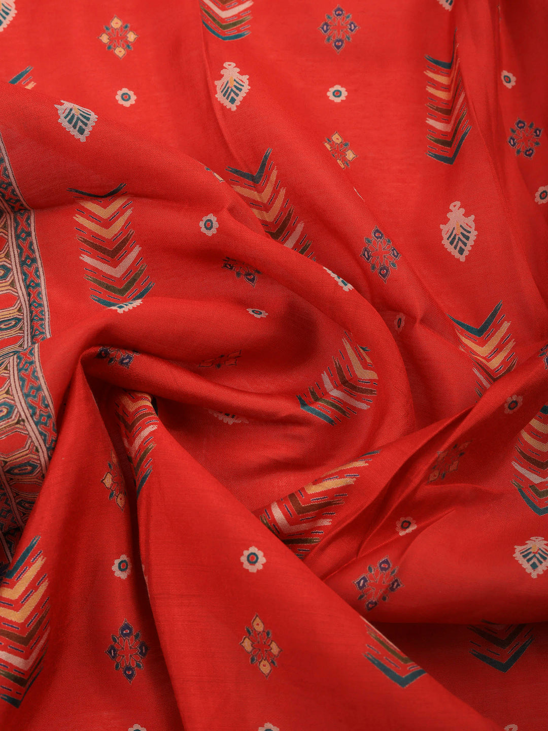 Red Printed Cotton Blend Unstitched Suit &amp; Pant With Cotton Dupatta