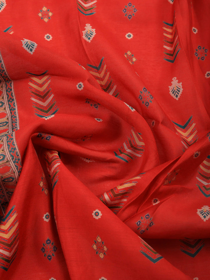 Red Printed Cotton Blend Unstitched Suit &amp; Pant With Cotton Dupatta