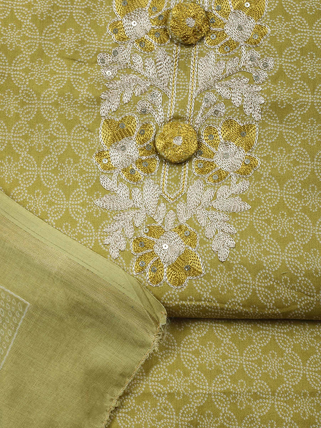 Lime Green Embroidery Cotton Blend Unstitched Dress Material