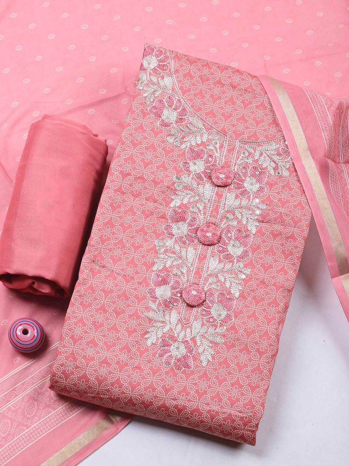Peach Embroidery Cotton Blend Unstitched Dress Material