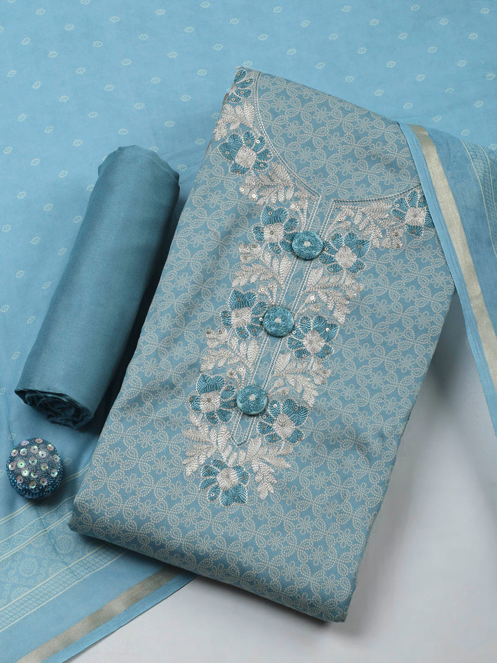 Sky Blue Embroidery Cotton Blend Unstitched Dress Material