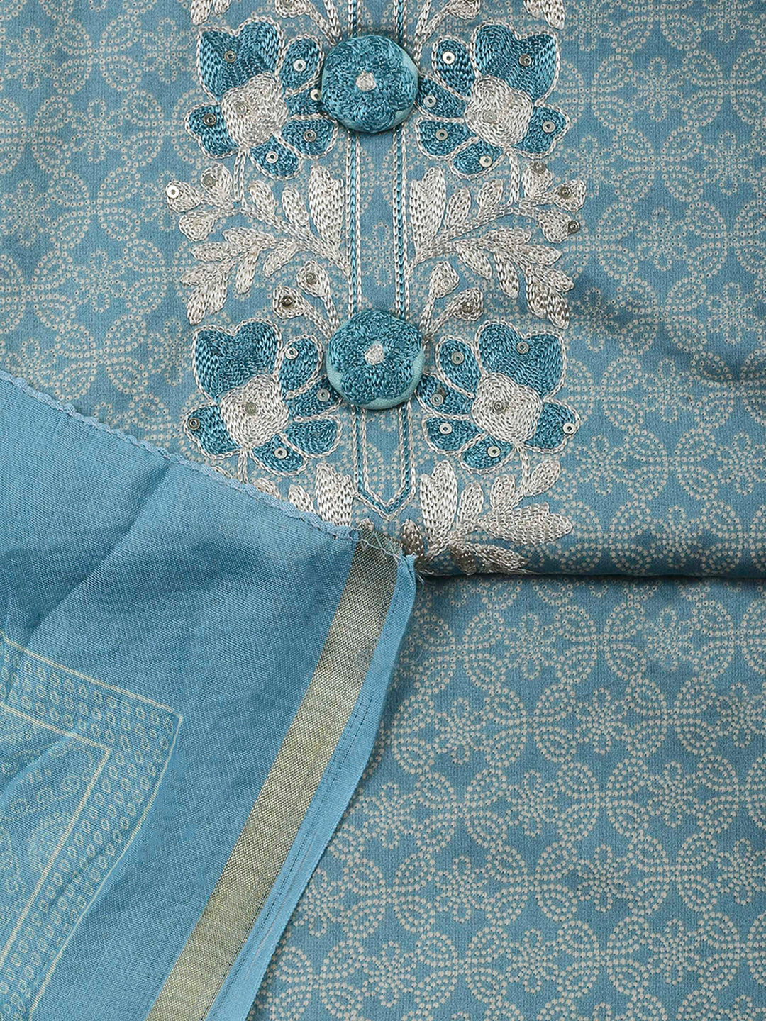 Sky Blue Embroidery Cotton Blend Unstitched Dress Material