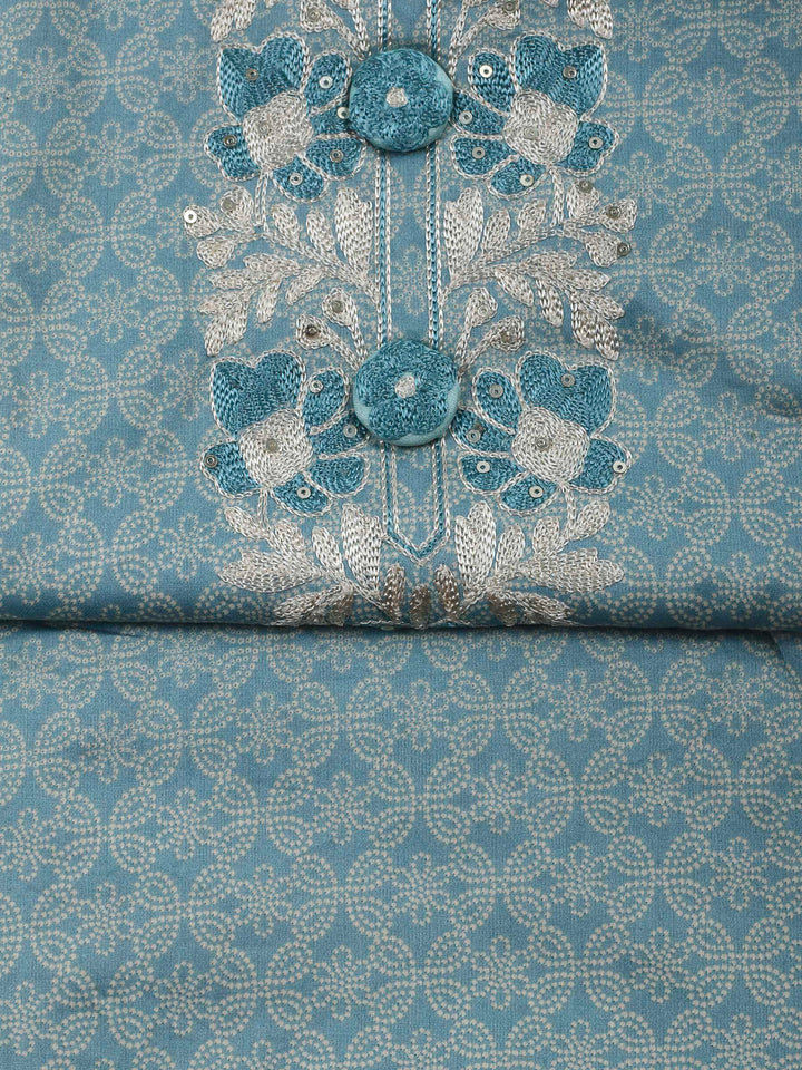 Sky Blue Embroidery Cotton Blend Unstitched Dress Material