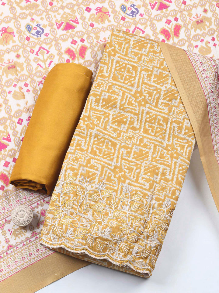 Mustard Printed Cotton Blend Unstitched Dress Material