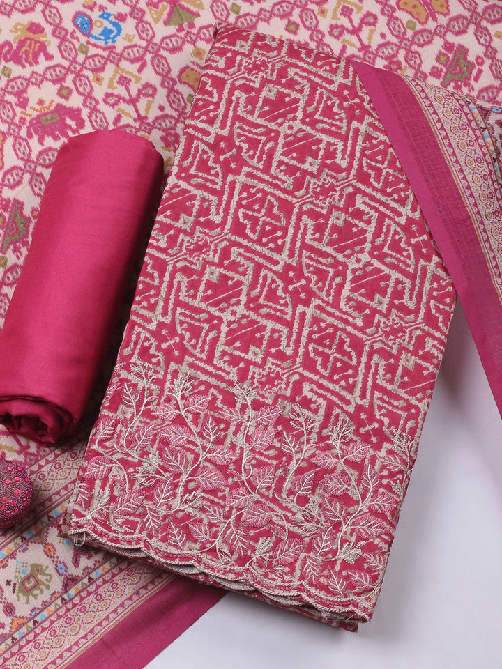 Pink Printed Cotton Blend Unstitched Dress Material