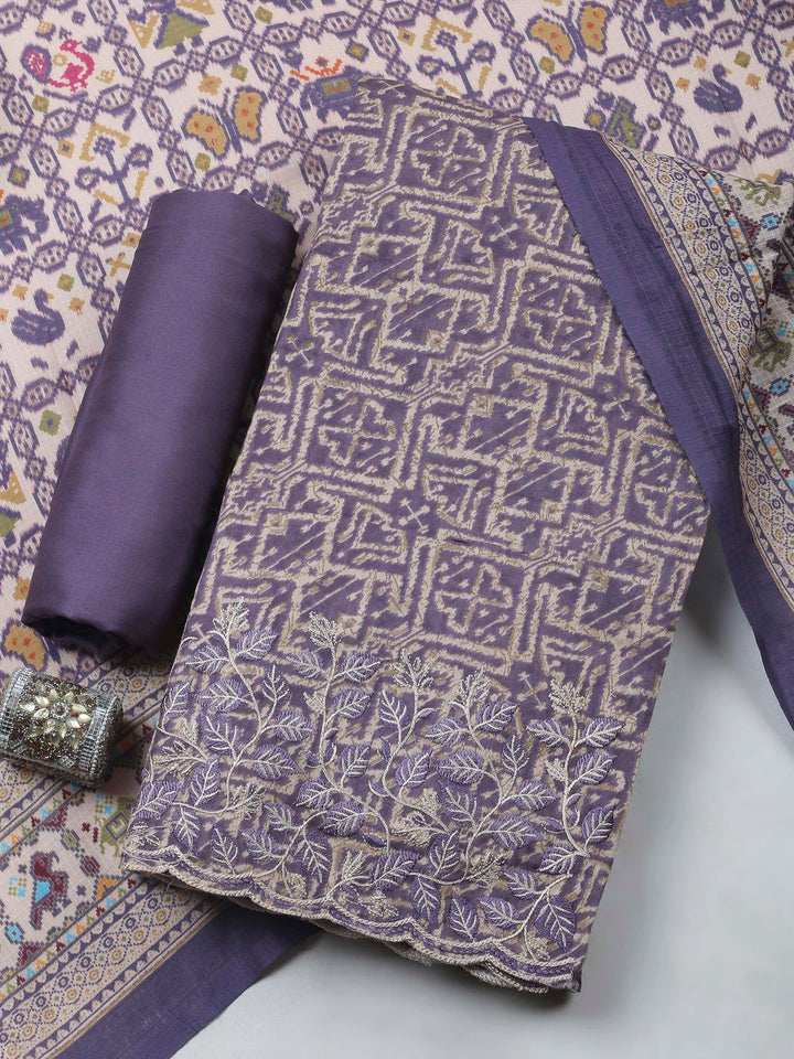 Purple Printed Cotton Blend Unstitched Dress Material