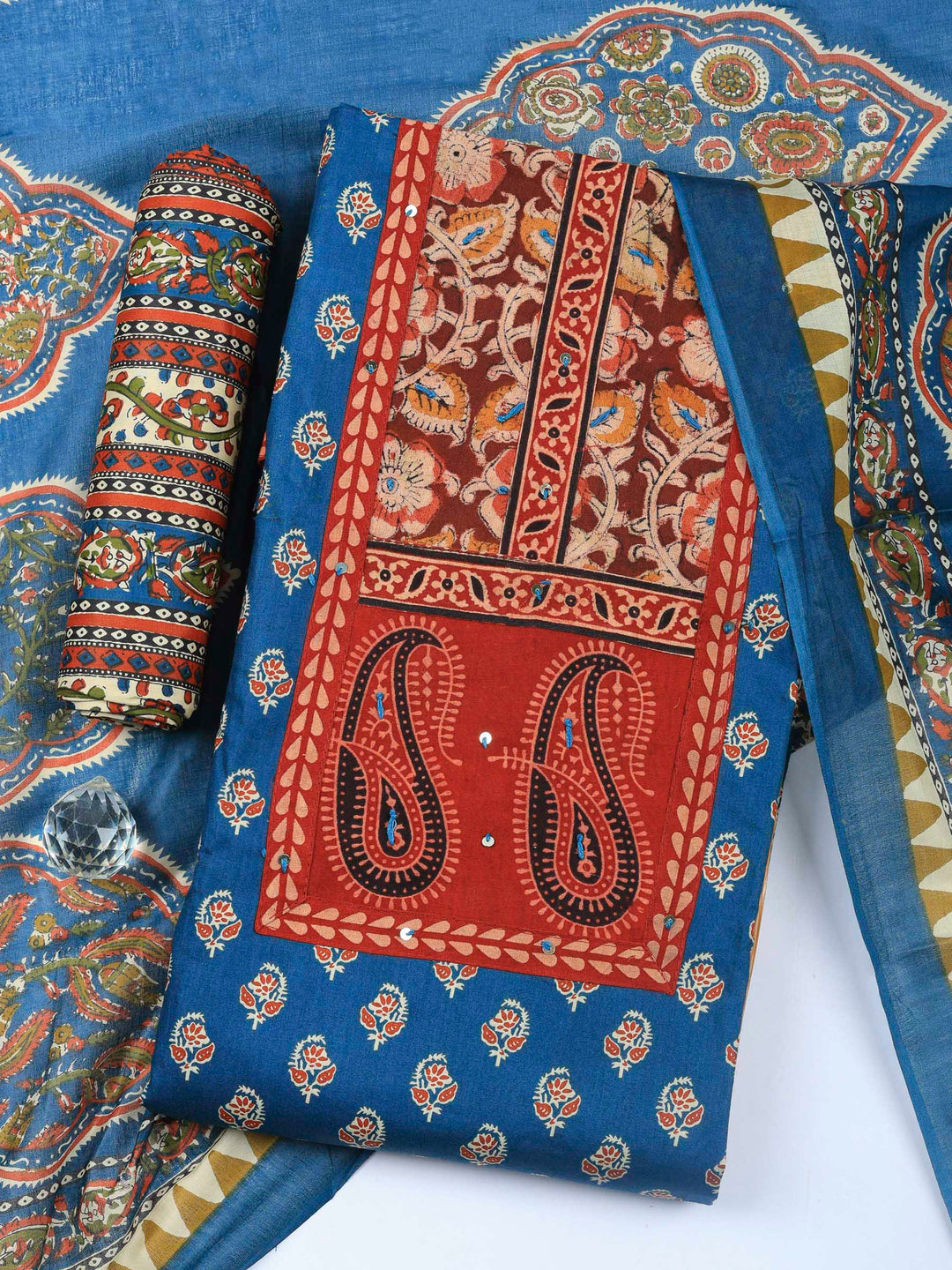 Blue Printed Cotton Blend Unstitched Dress Material