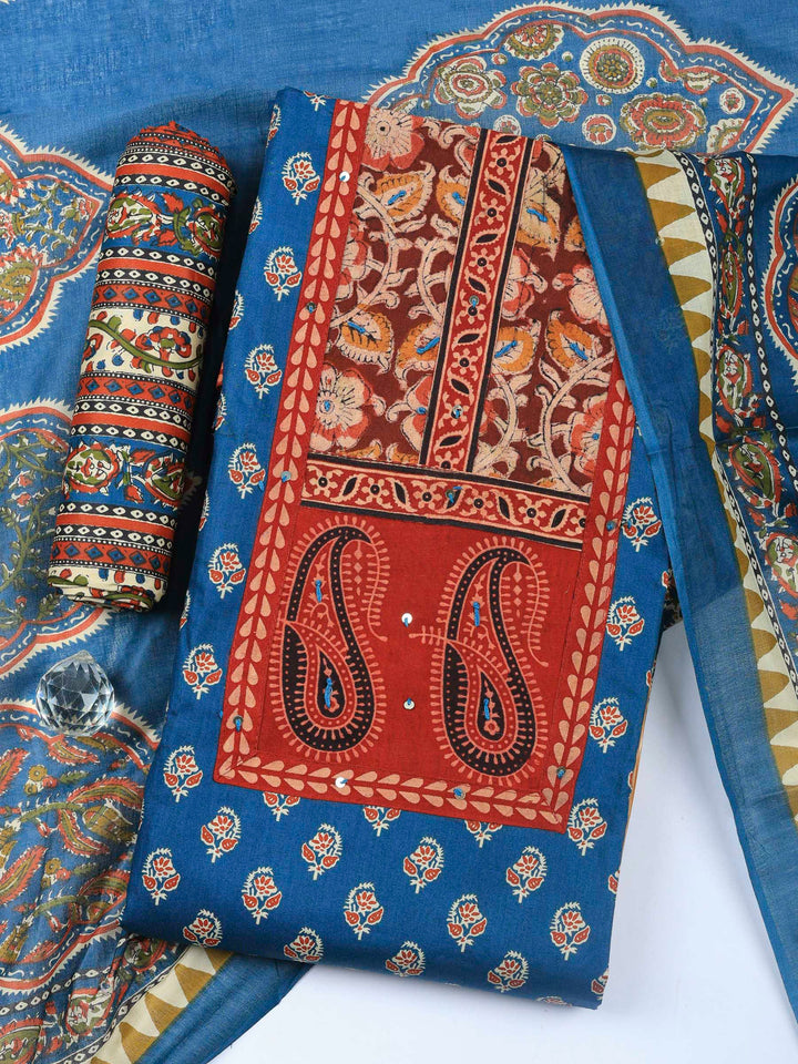 Blue Printed Cotton Blend Unstitched Dress Material