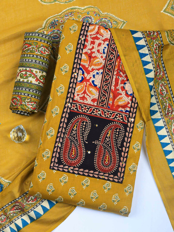 Mustard Printed Cotton Blend Unstitched Dress Material