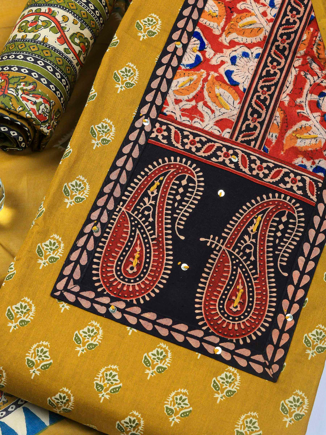 Mustard Printed Cotton Blend Unstitched Dress Material
