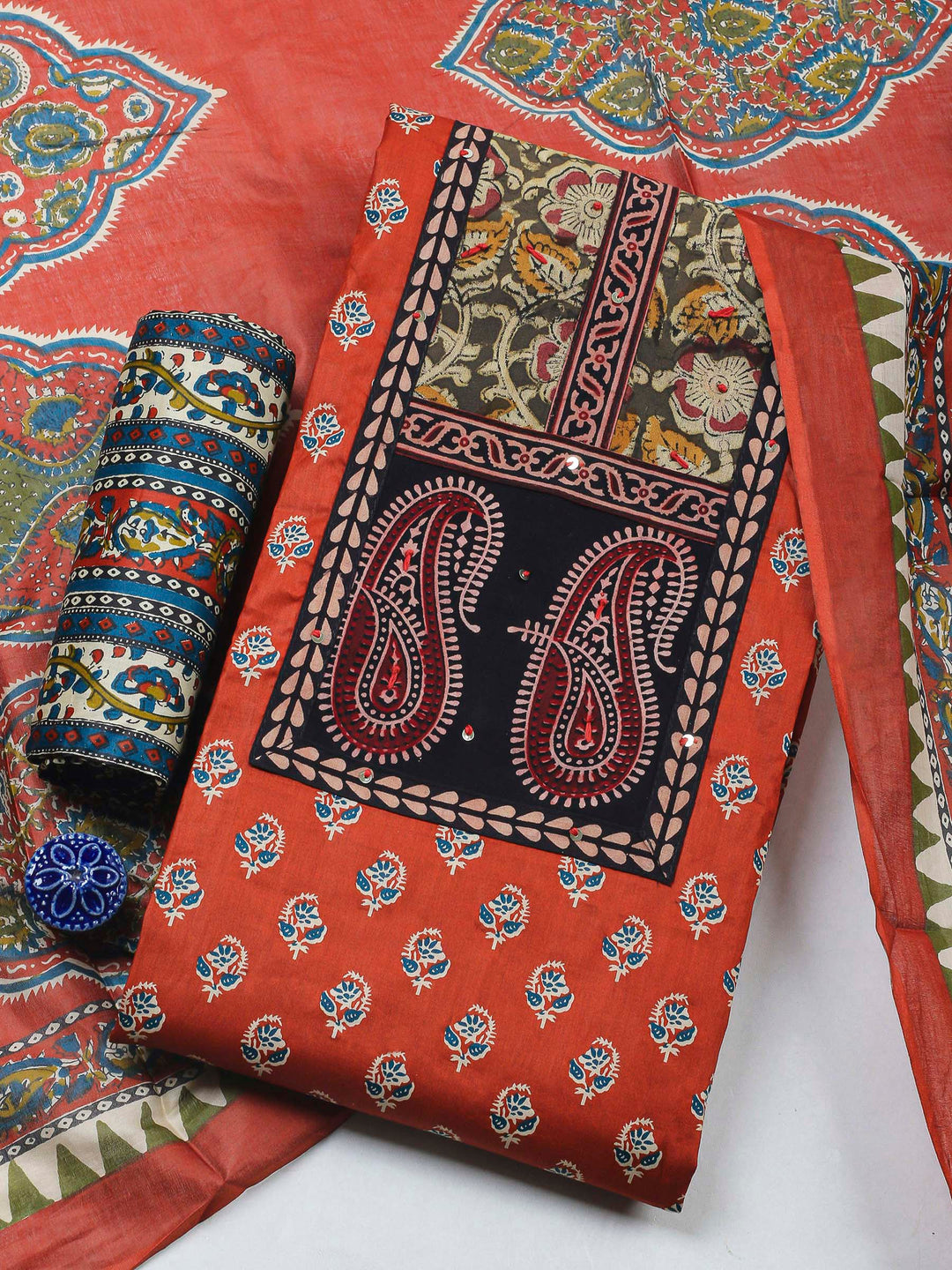 Rust Printed Cotton Blend Unstitched Dress Material