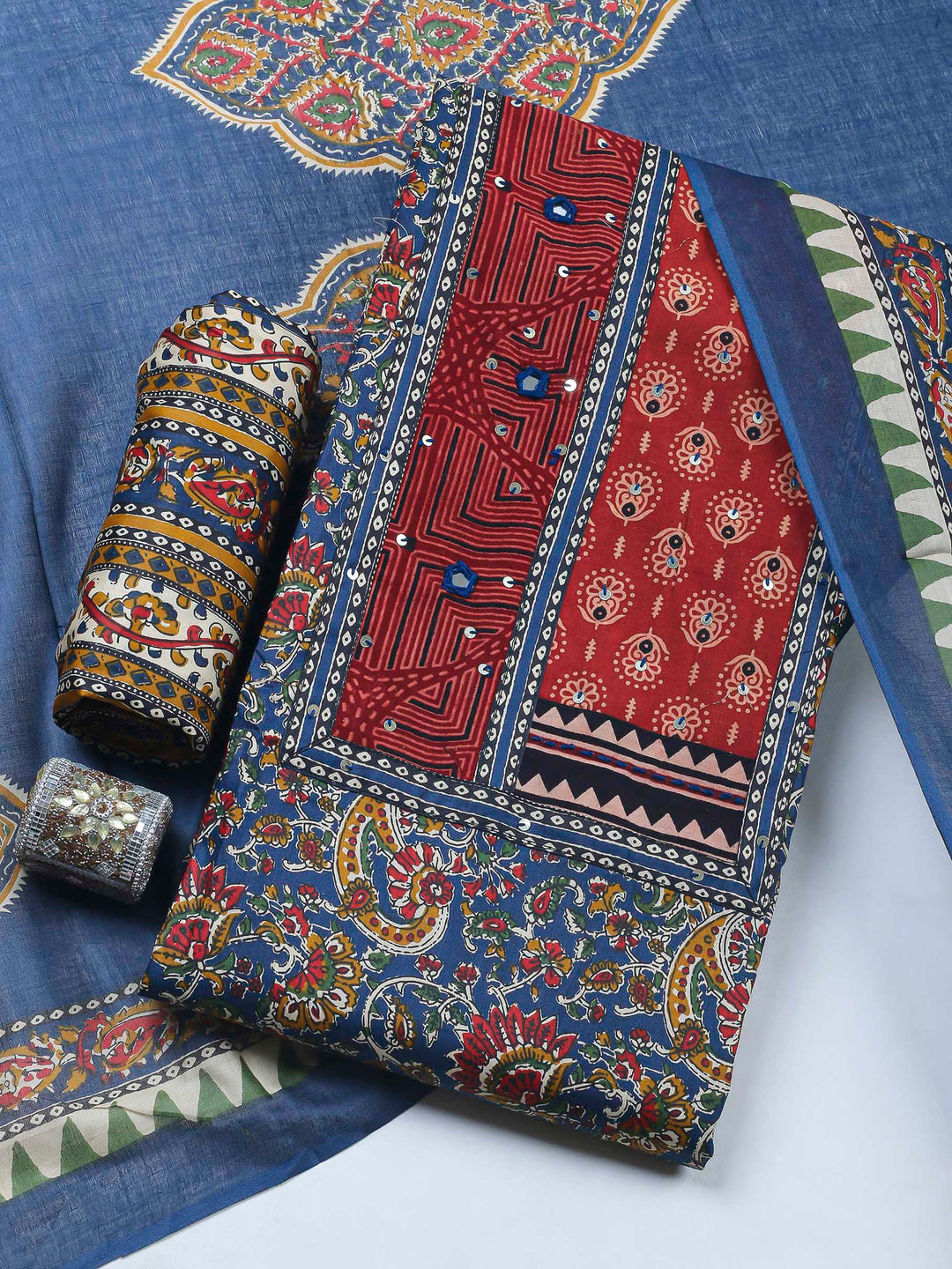Navy Blue Printed Cotton Blend Unstitched Dress Material