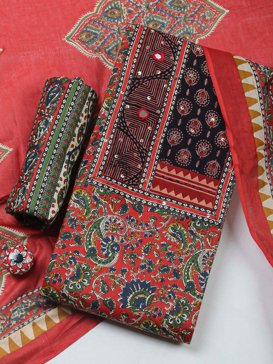 Red Printed Cotton Blend Unstitched Dress Material