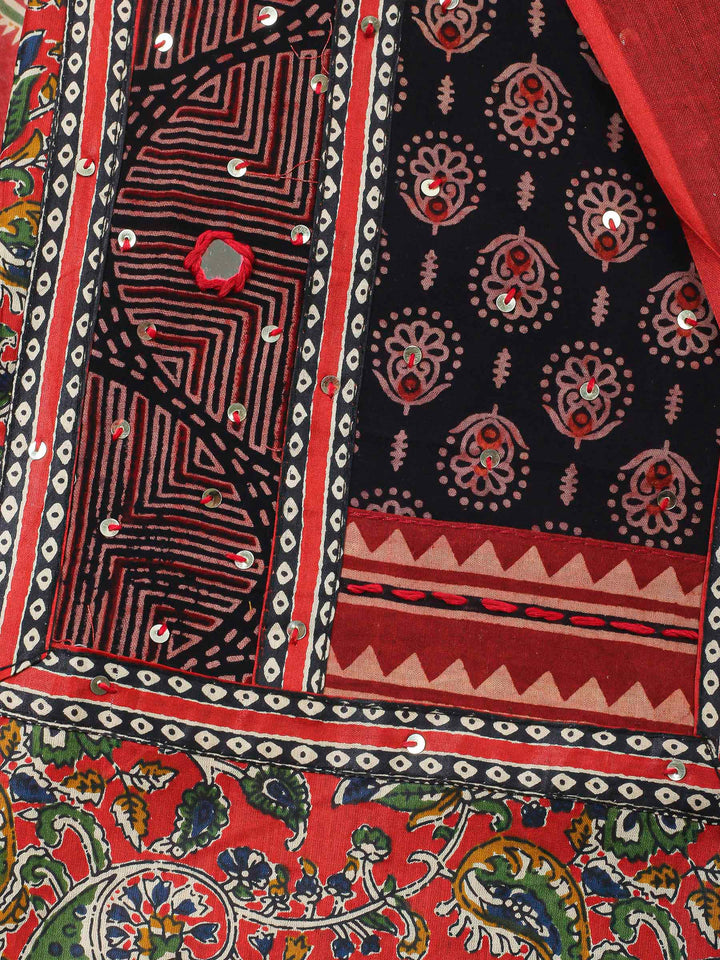 Red Printed Cotton Blend Unstitched Dress Material