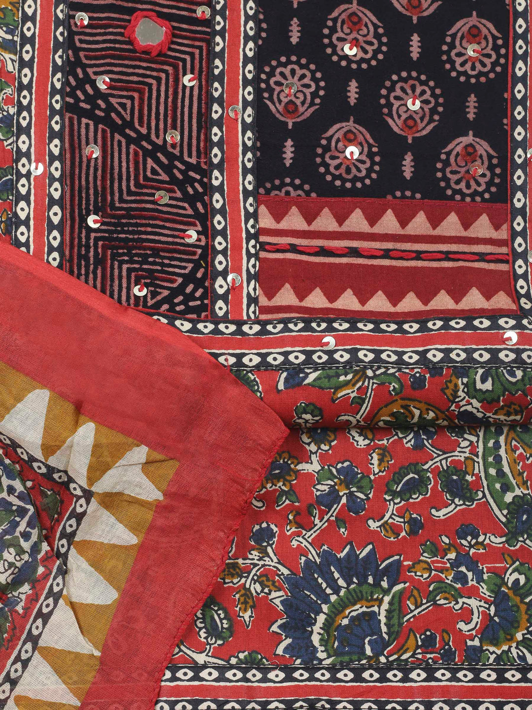 Red Printed Cotton Blend Unstitched Dress Material