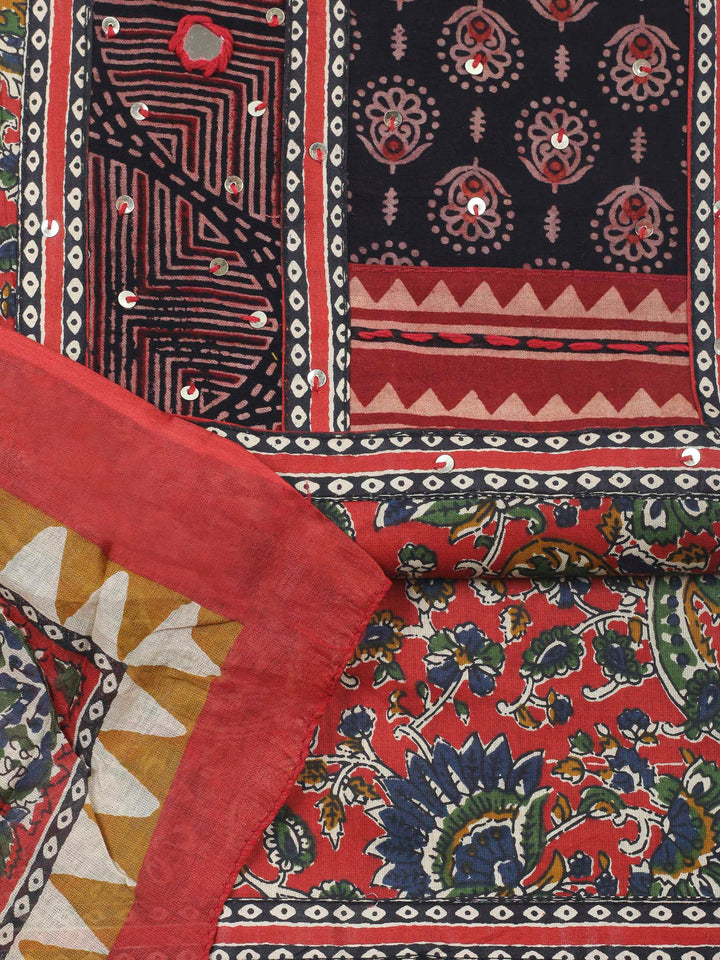 Red Printed Cotton Blend Unstitched Dress Material