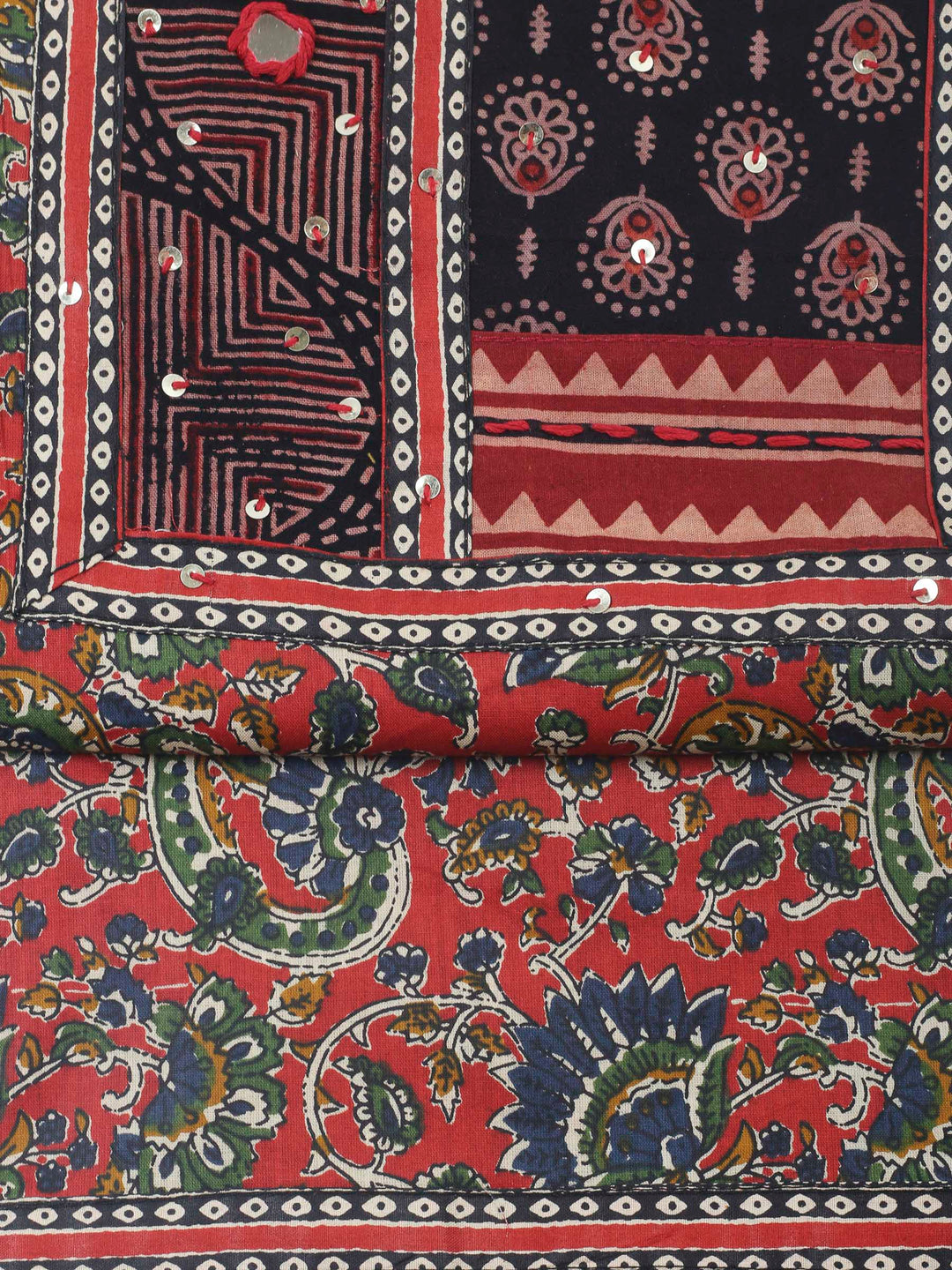 Red Printed Cotton Blend Unstitched Dress Material