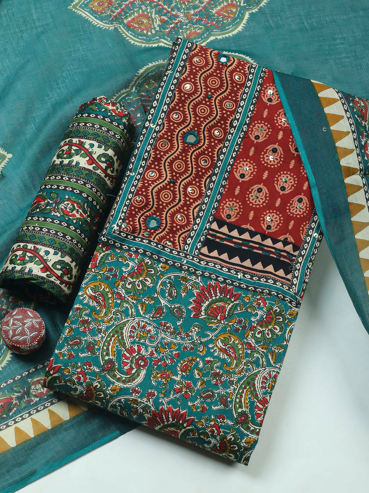 Teal Green Printed Cotton Blend Unstitched Dress Material