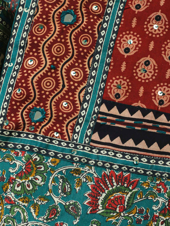Teal Green Printed Cotton Blend Unstitched Dress Material