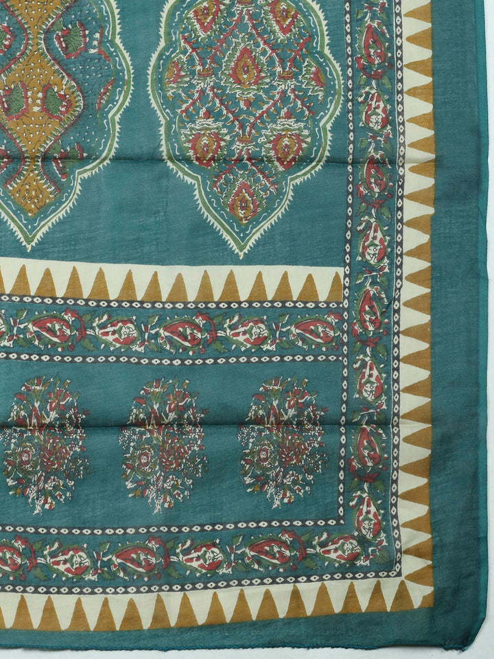 Teal Green Printed Cotton Blend Unstitched Dress Material