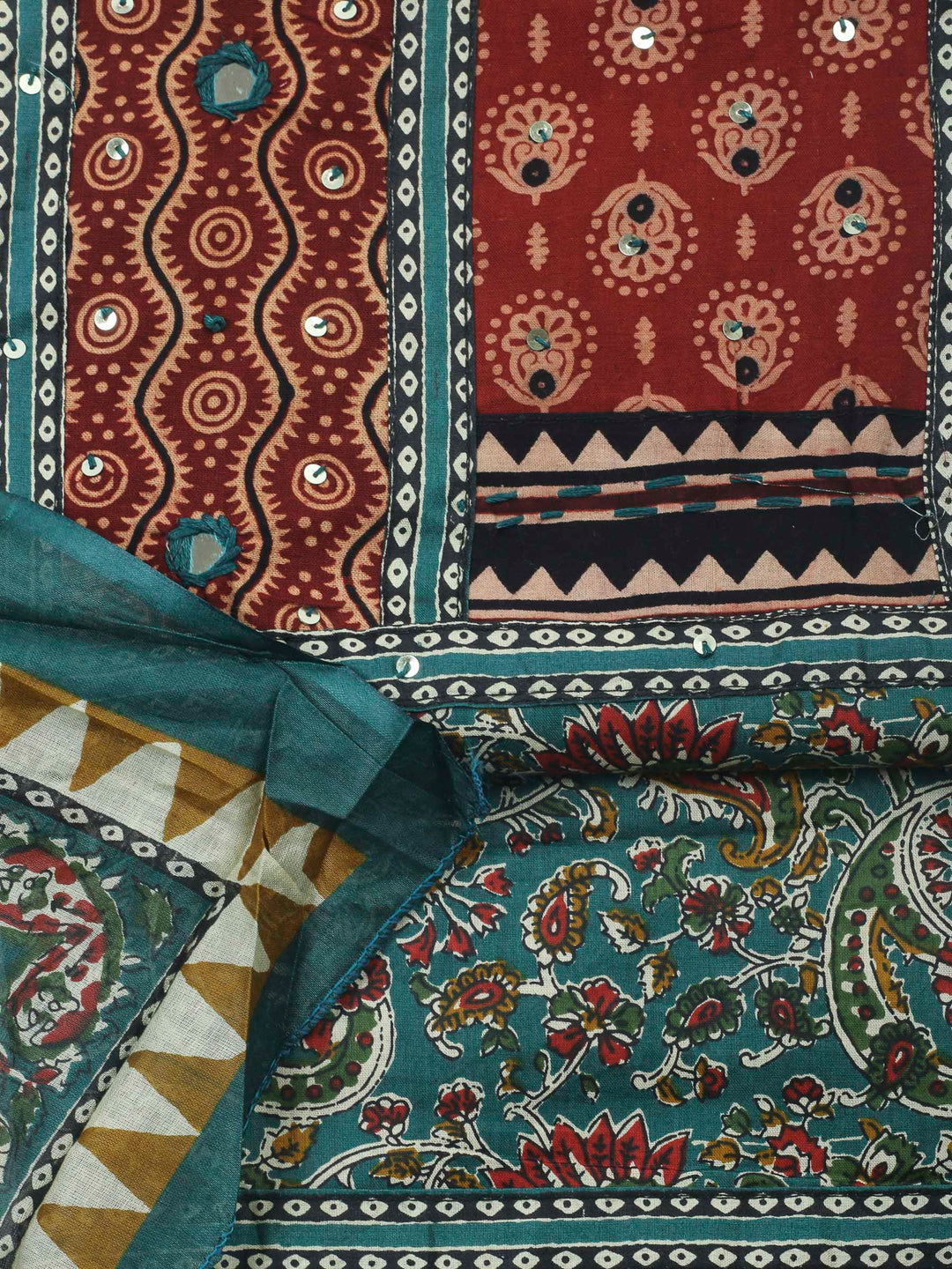 Teal Green Printed Cotton Blend Unstitched Dress Material