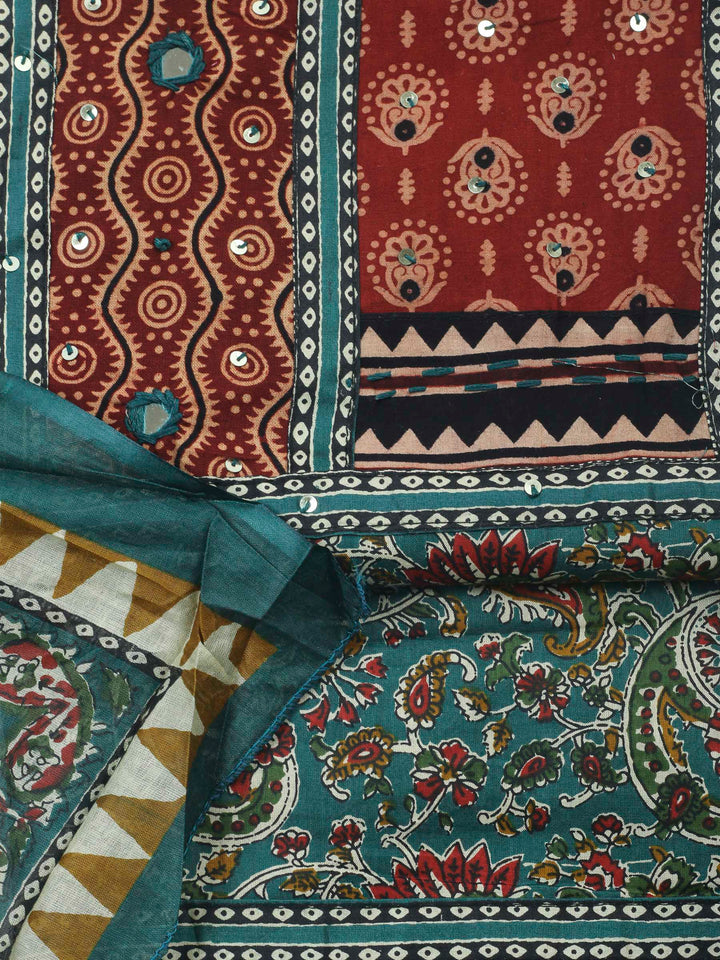 Teal Green Printed Cotton Blend Unstitched Dress Material