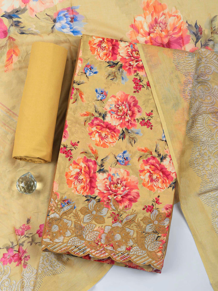Beige Printed Cotton Blend Unstitched Dress Material