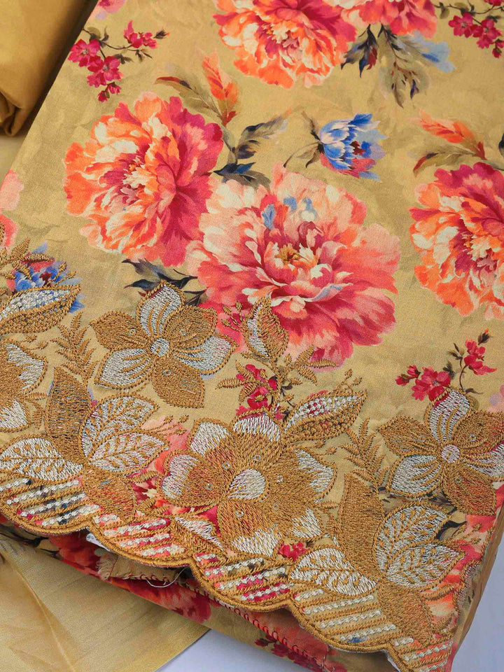 Beige Printed Cotton Blend Unstitched Dress Material