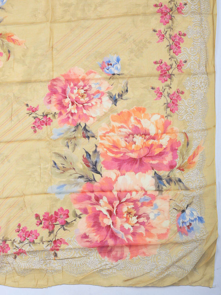 Beige Printed Cotton Blend Unstitched Dress Material