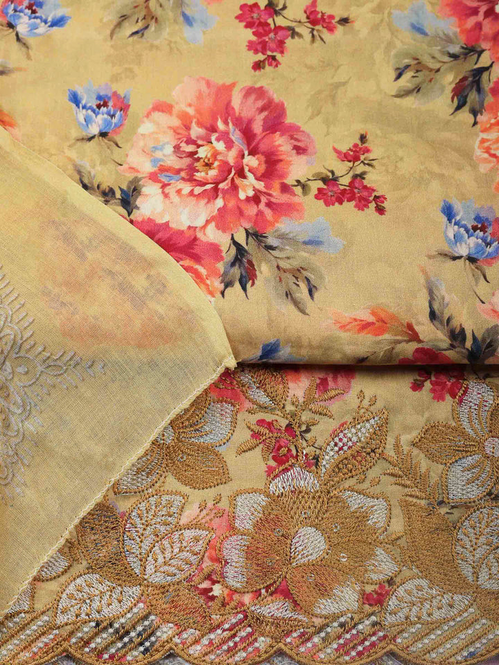 Beige Printed Cotton Blend Unstitched Dress Material