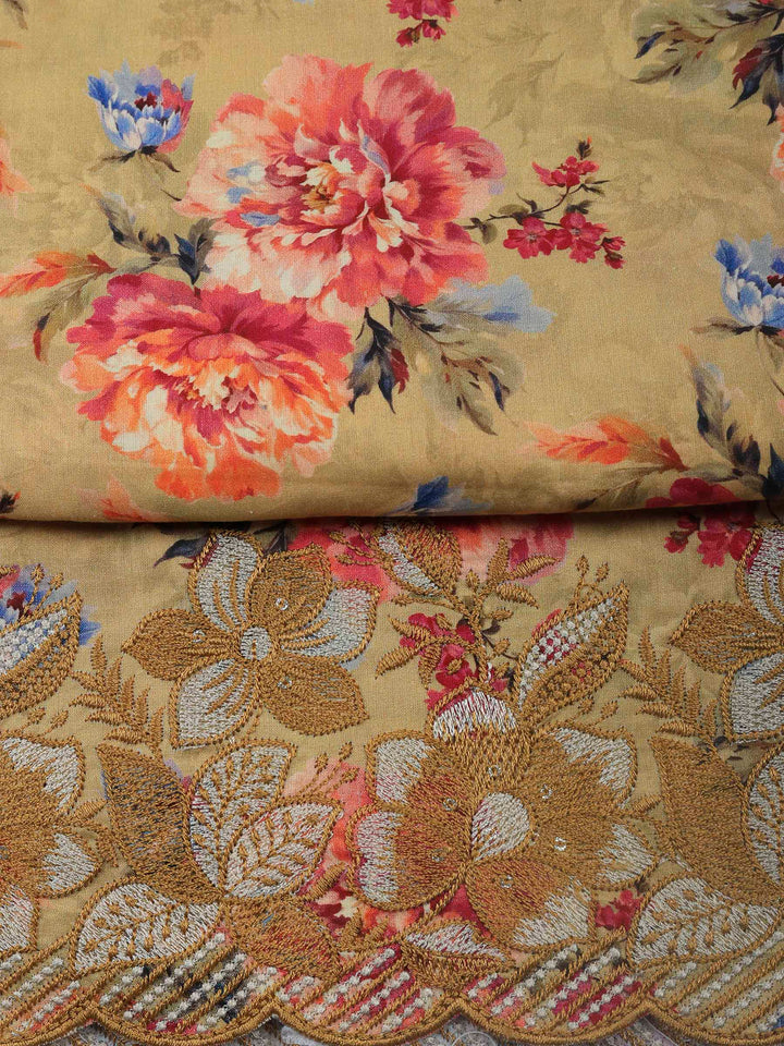 Beige Printed Cotton Blend Unstitched Dress Material