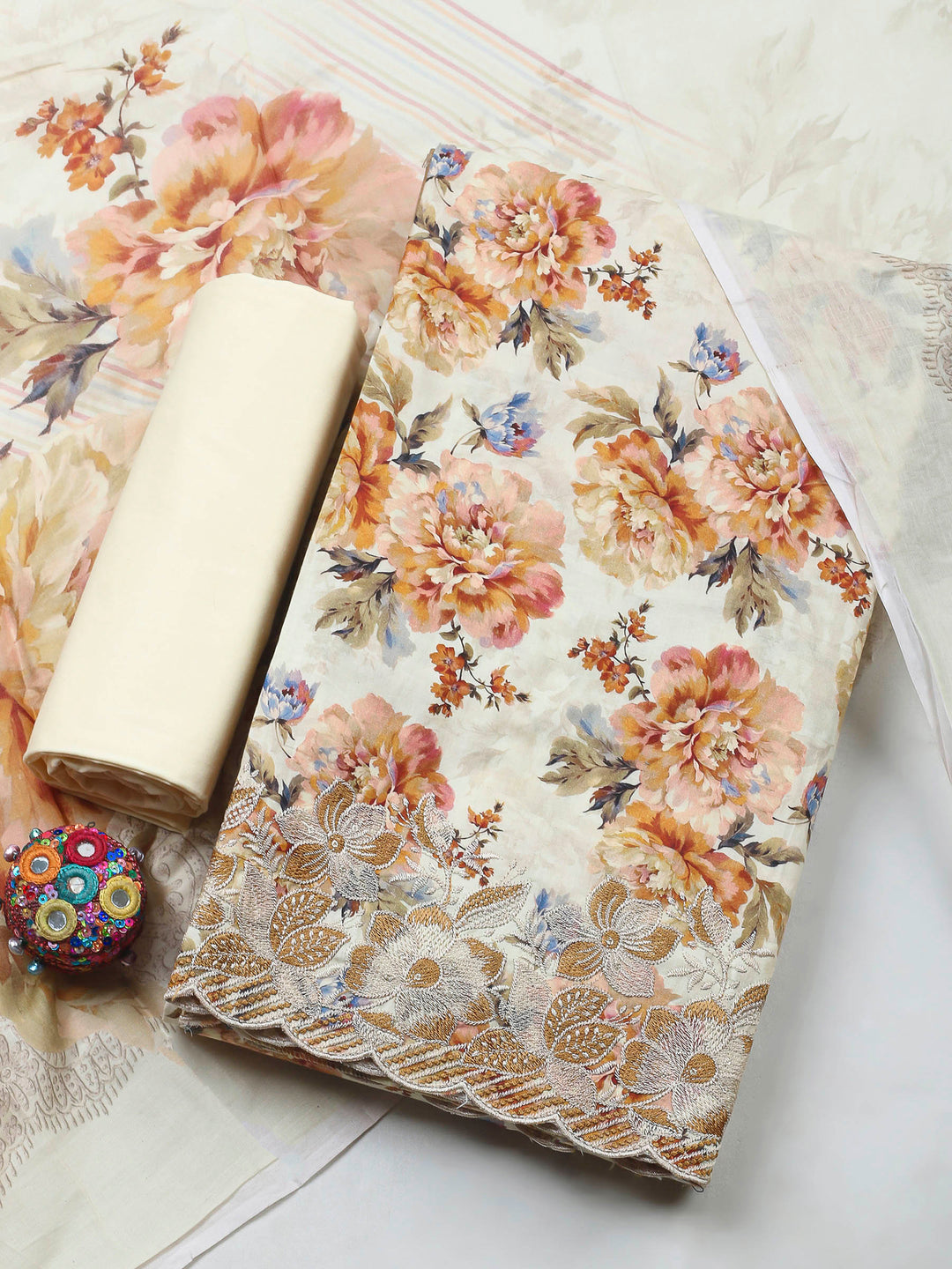 Cream Printed Cotton Blend Unstitched Dress Material