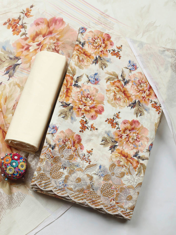 Cream Printed Cotton Blend Unstitched Dress Material