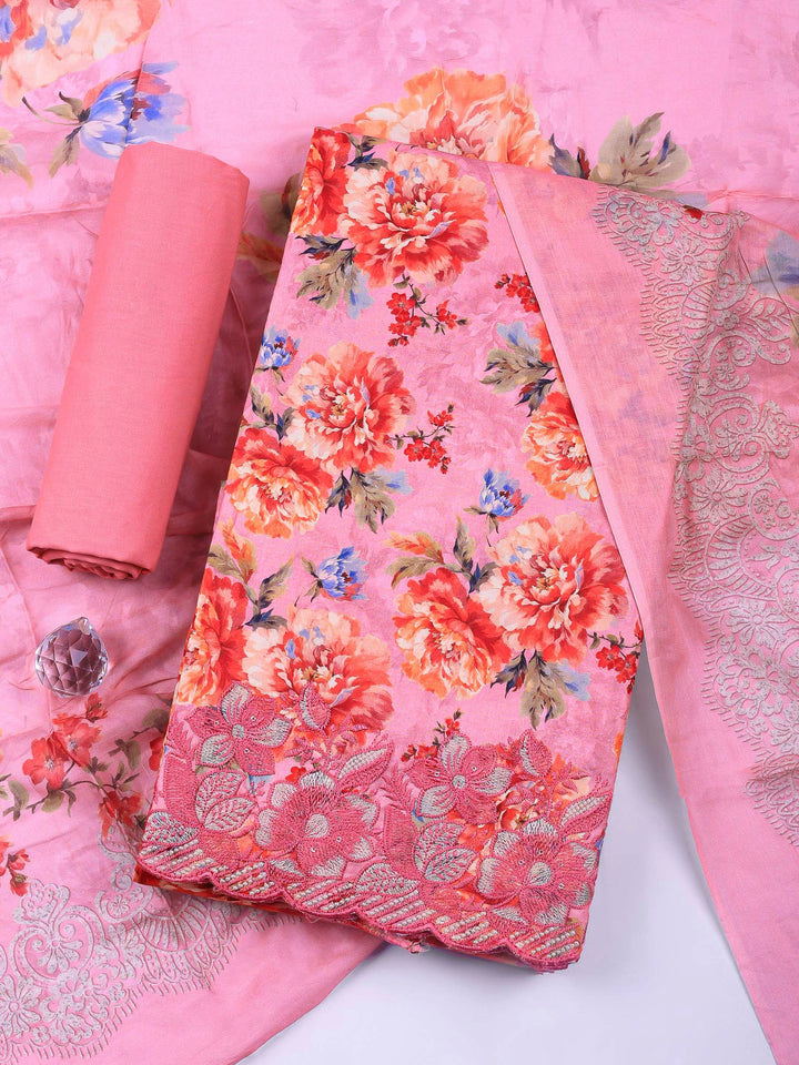 Pink Printed Cotton Blend Unstitched Dress Material