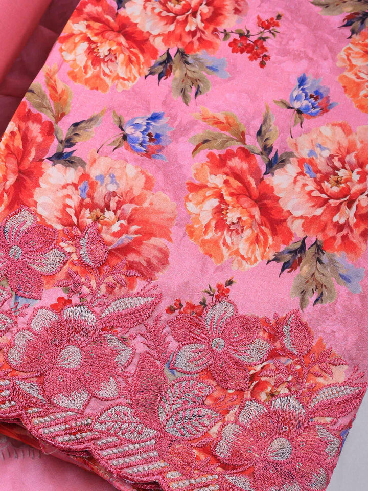 Pink Printed Cotton Blend Unstitched Dress Material