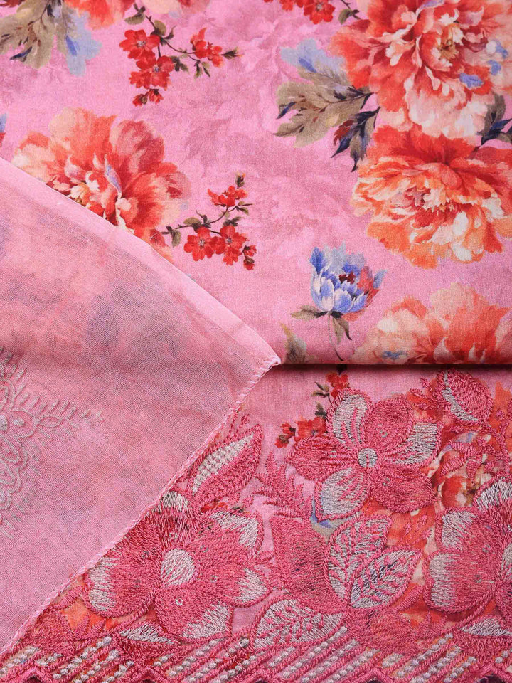 Pink Printed Cotton Blend Unstitched Dress Material