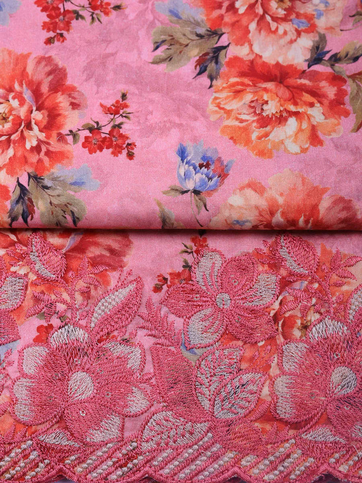Pink Printed Cotton Blend Unstitched Dress Material