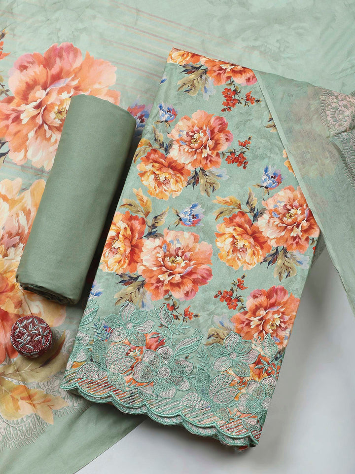 Sea Green Printed Cotton Blend Unstitched Dress Material