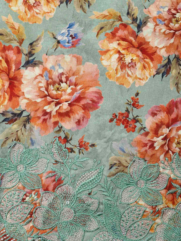 Sea Green Printed Cotton Blend Unstitched Dress Material