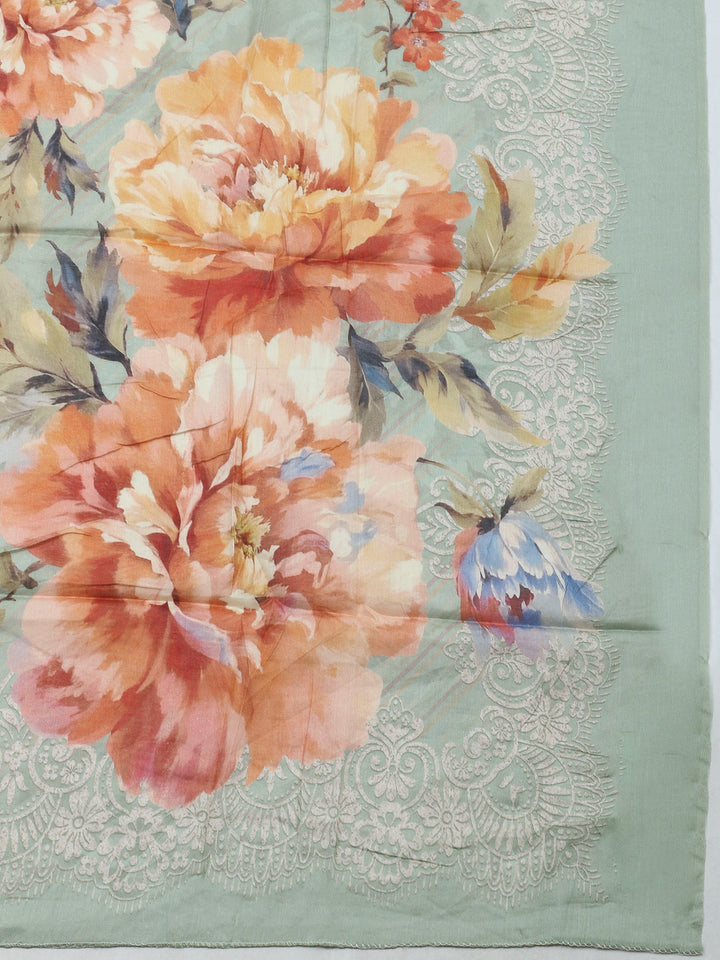 Sea Green Printed Cotton Blend Unstitched Dress Material