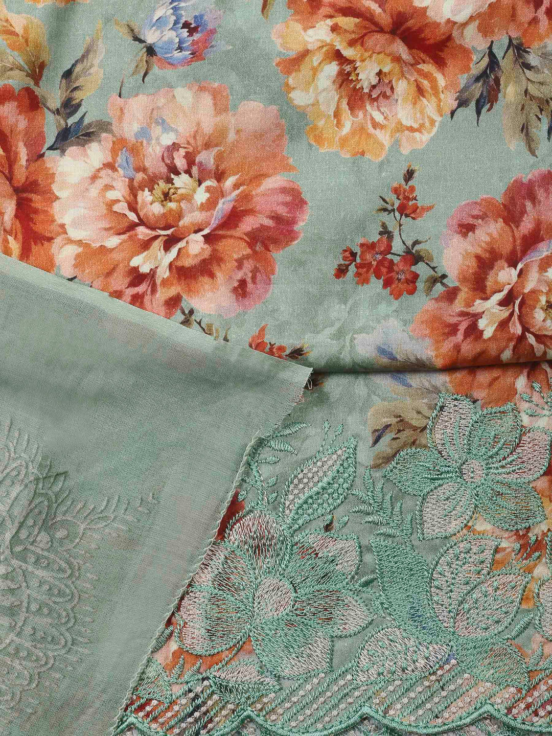 Sea Green Printed Cotton Blend Unstitched Dress Material