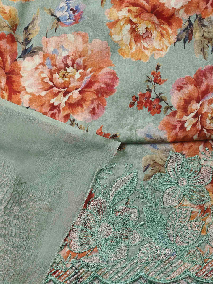 Sea Green Printed Cotton Blend Unstitched Dress Material