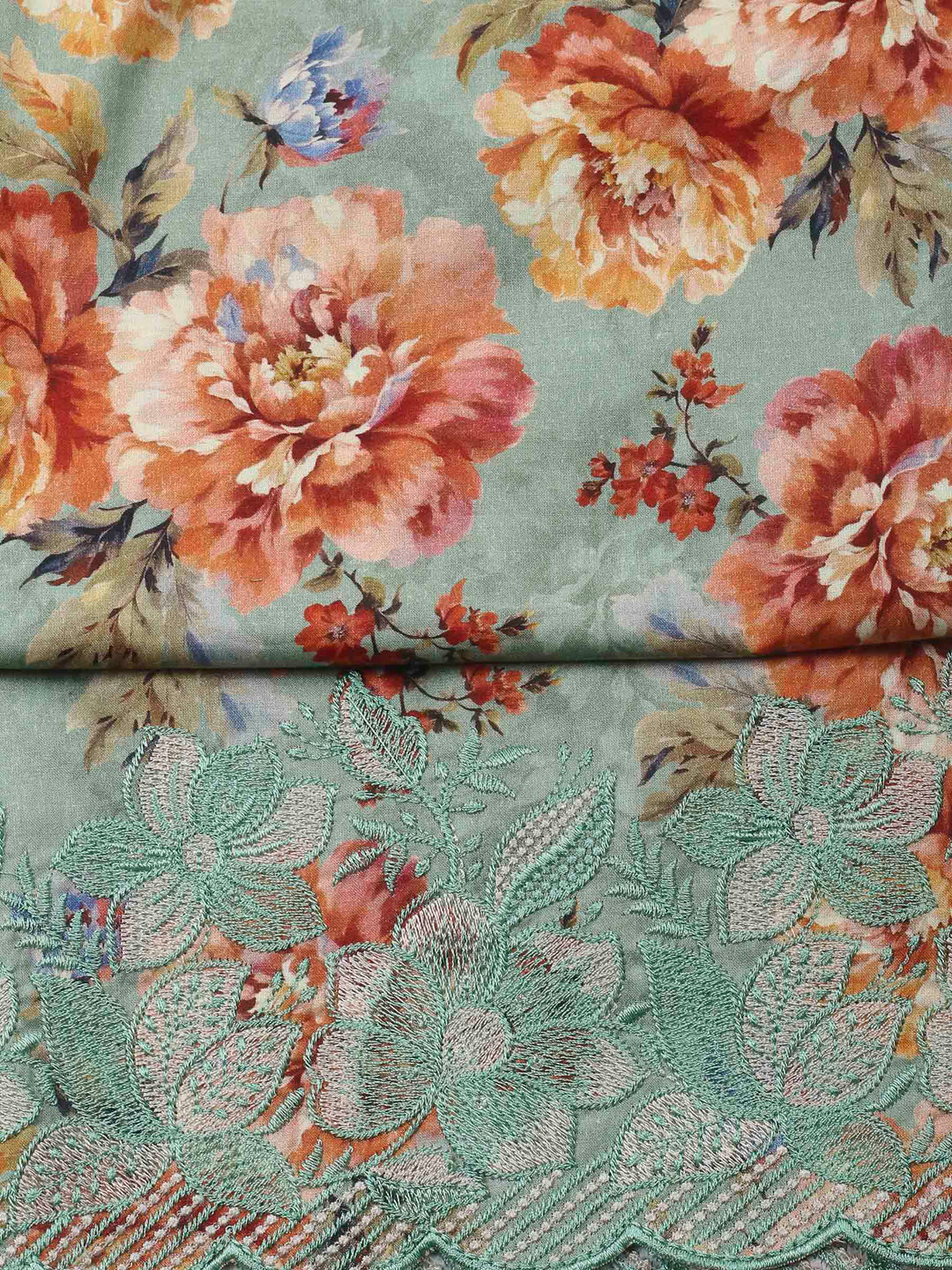 Sea Green Printed Cotton Blend Unstitched Dress Material
